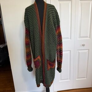Handmade Crocheted Duster OpenFront Cardigan Sweater Green Orange Maroon